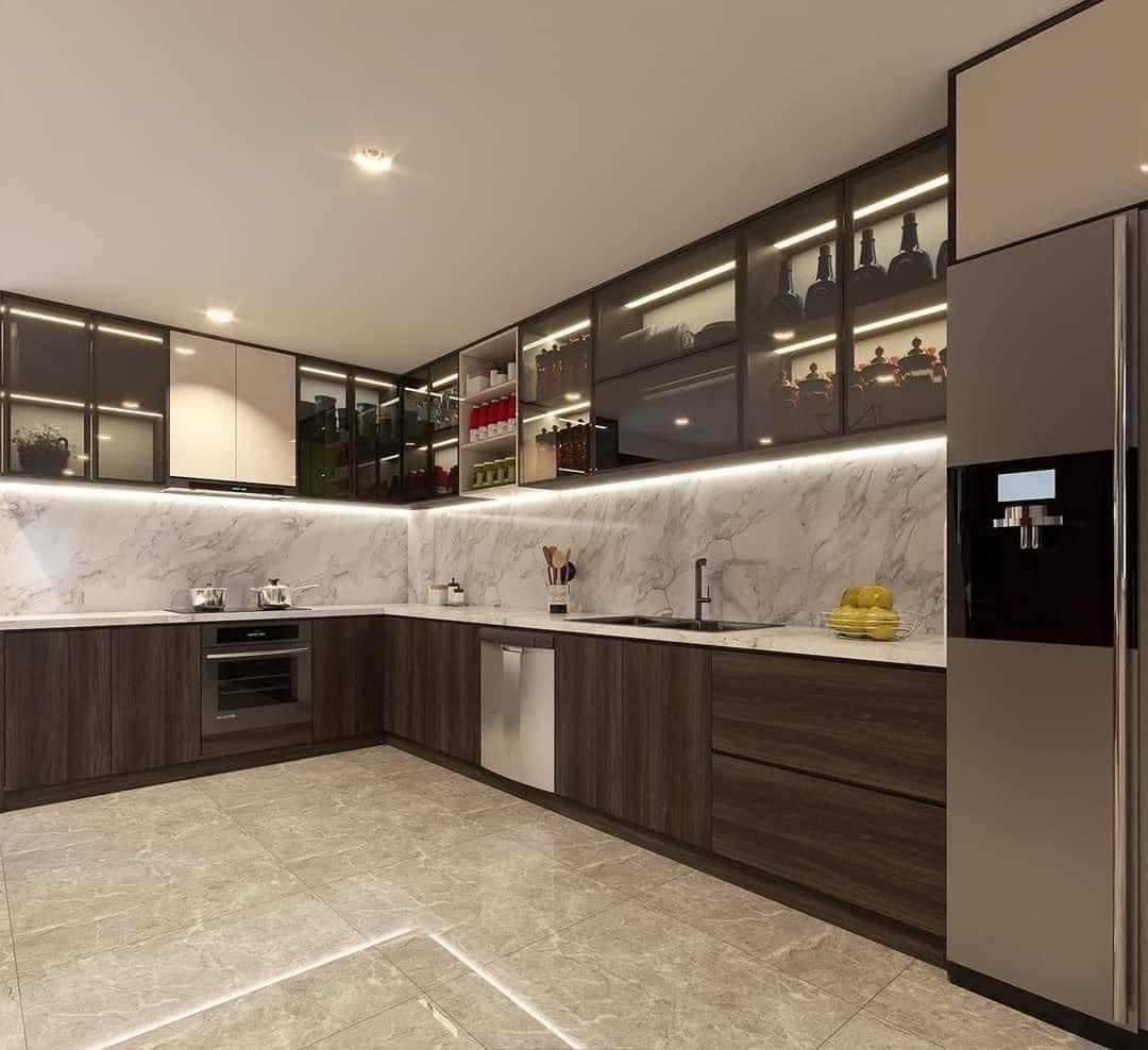 Tủ bếp nhựa màu vân gỗ, cánh kính - Chị Trang (Yên Sở)