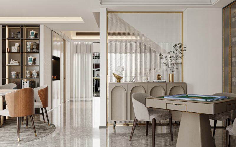 Phòng bếp nội thất sang trọng với tủ bếp hiện đại và chi tiết tinh xảo.