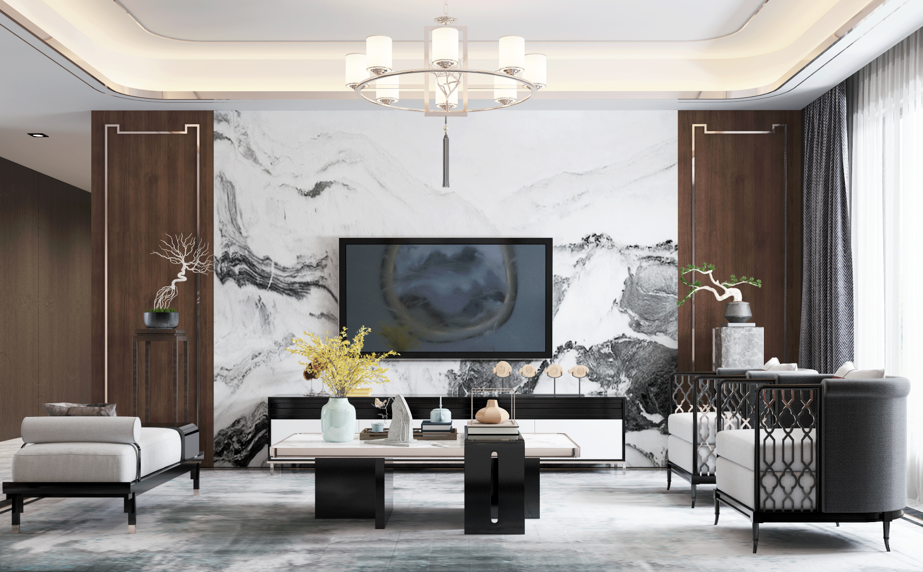 Gam màu xám nhẹ và màu chất liệu nội thất giúp tạo điểm nhấn cho không gian.