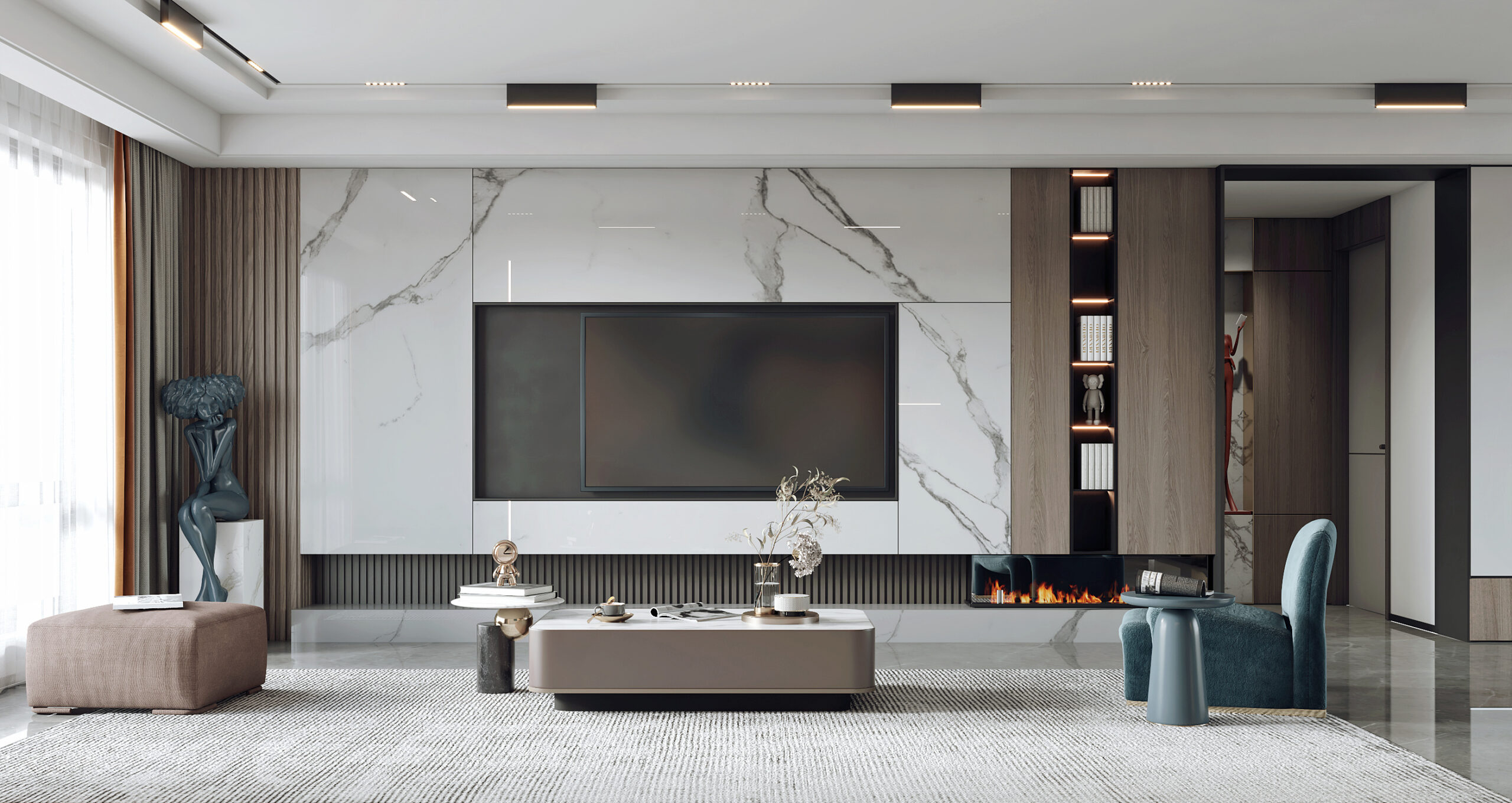 Thiết kế tập trung vào các chi tiết như sofa hiện đại và rèm cửa sáng màu làm nổi bật không gian