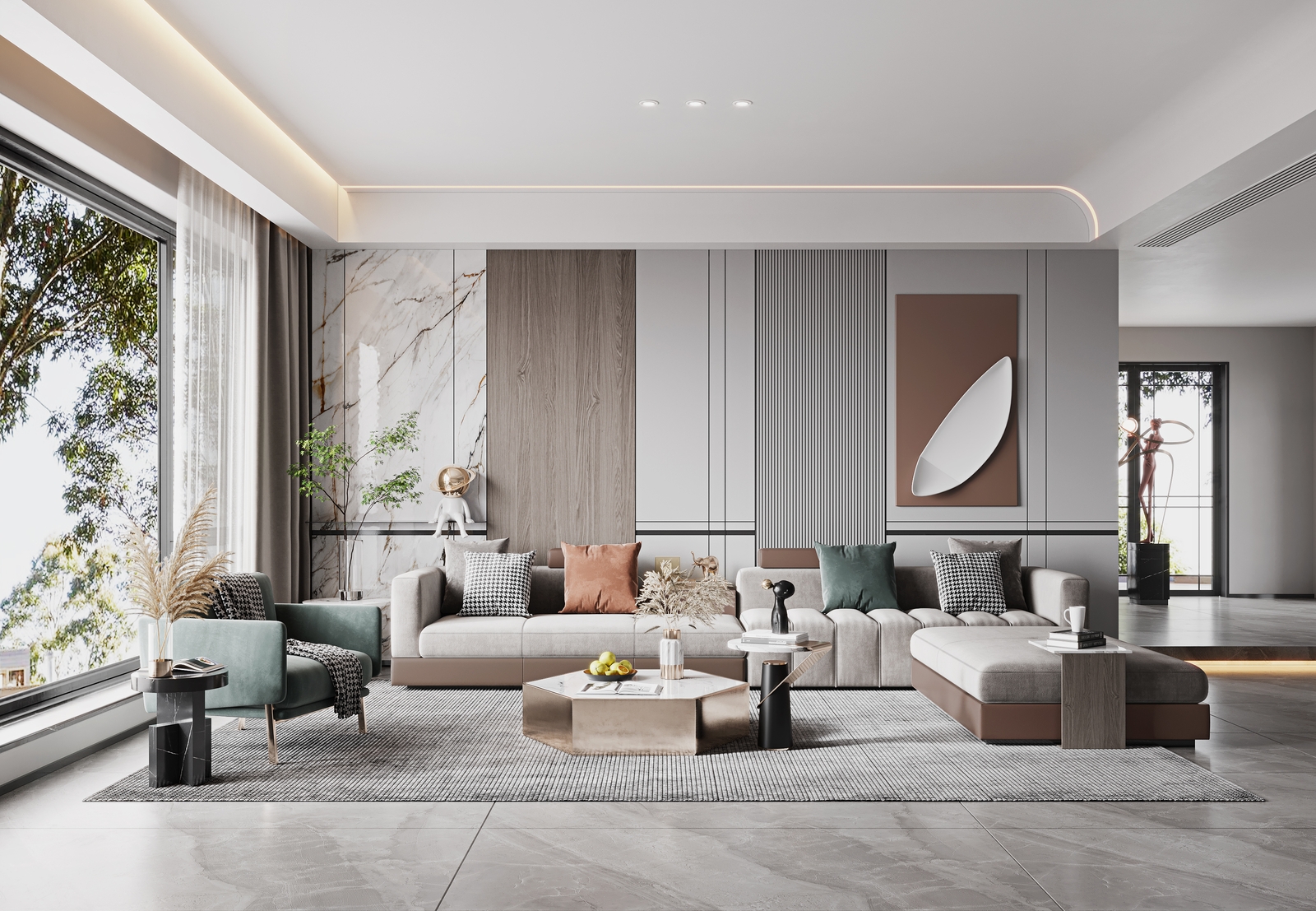 Điểm nhấn gương ốp tường giúp không gian trông rộng hơn và thêm phần sáng sủa.