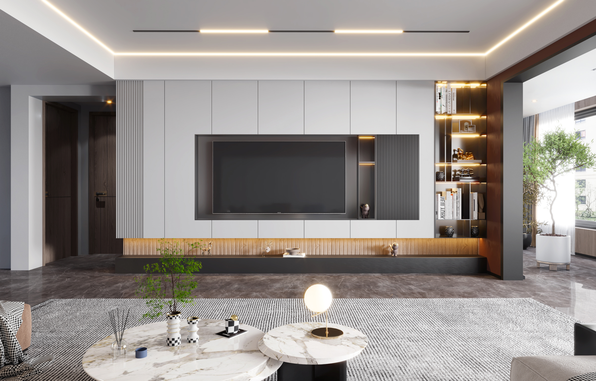 Kệ trưng bày nhỏ hoặc các vật dụng làm điểm nhấn trang trí giúp không gian không bị nhàm chán.