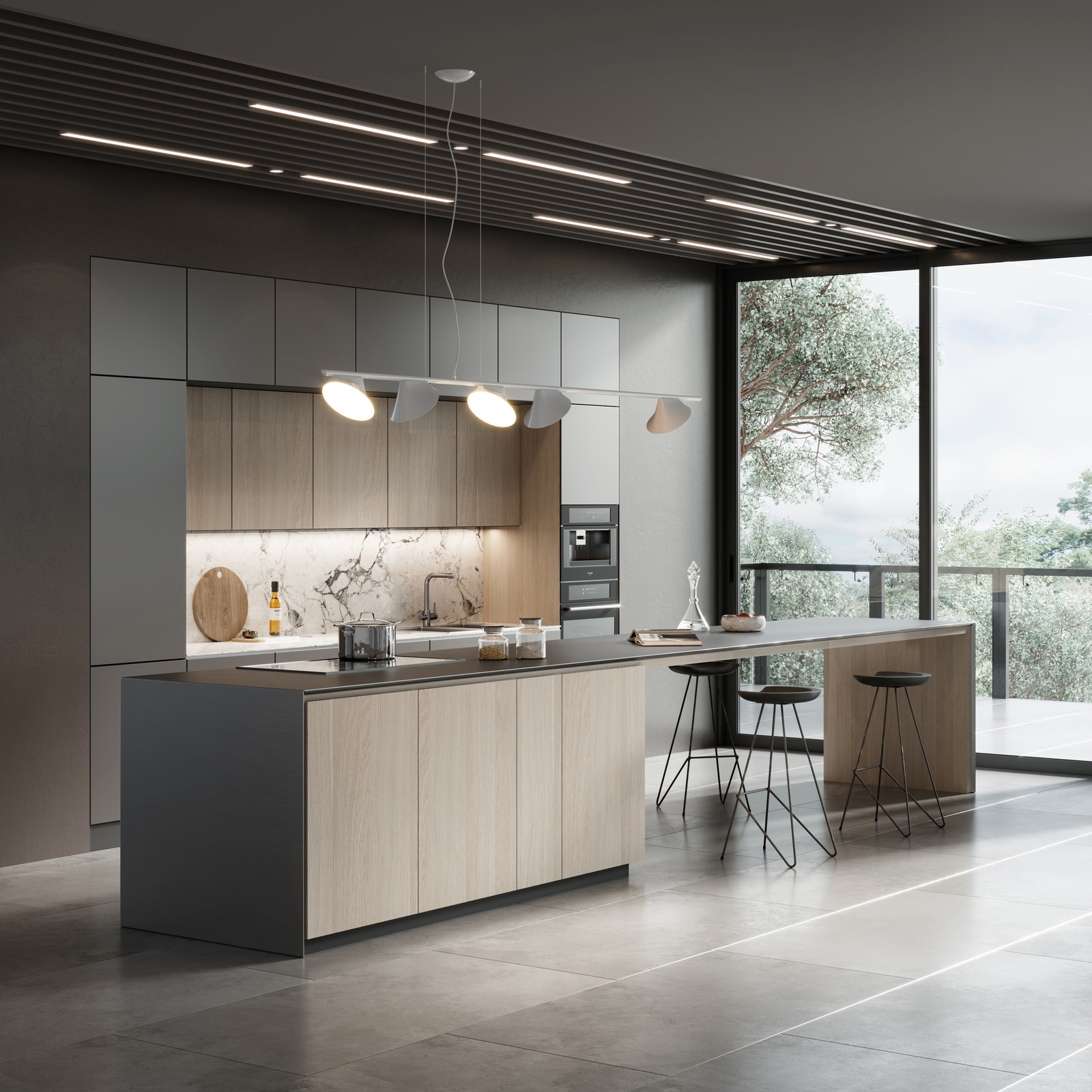 Nhà bếp được tích hợp quầy bar nhỏ, tạo nên sự tiện lợi và hiện đại cho không gian sống.