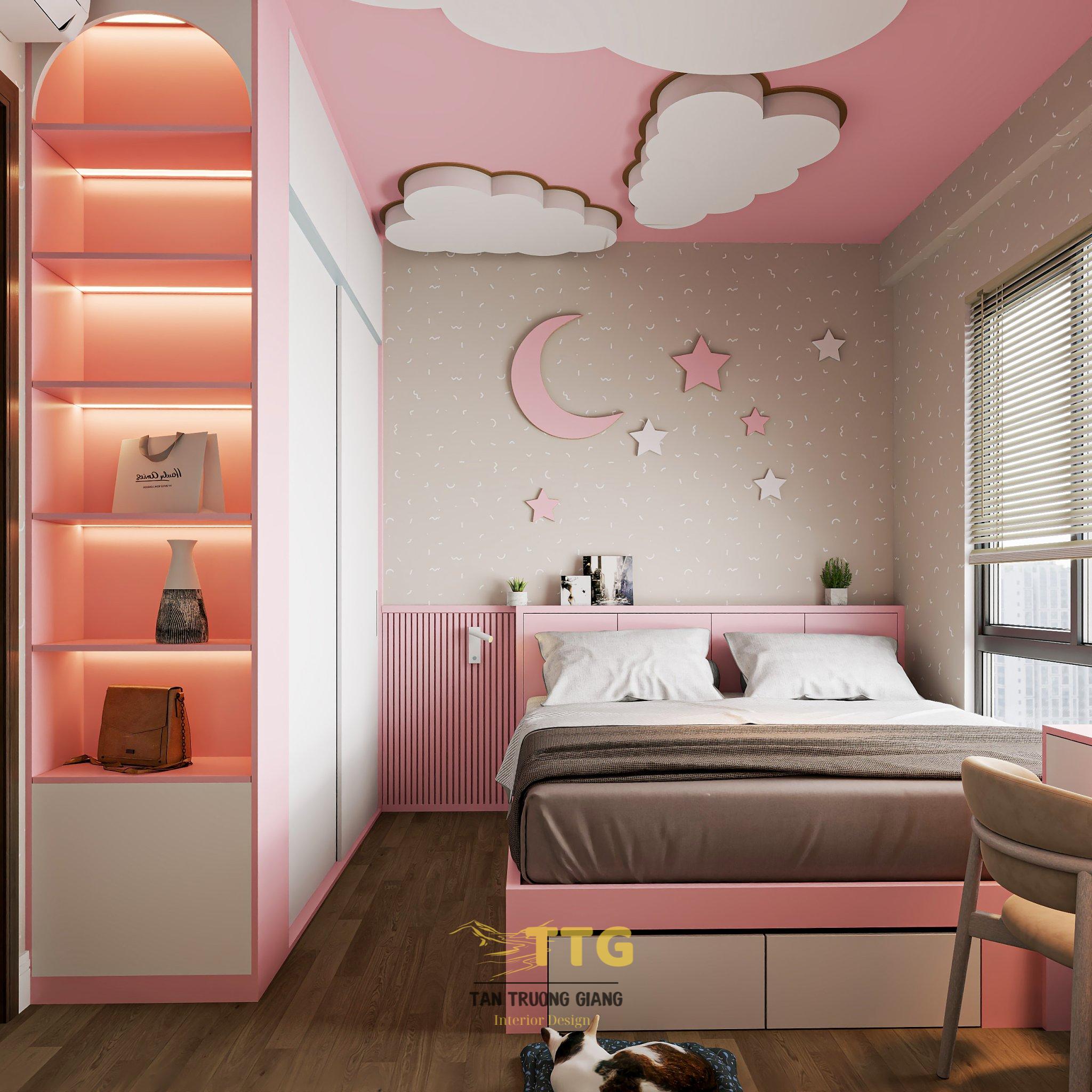 Phòng ngủ bé gái tone hồng ngọt ngào