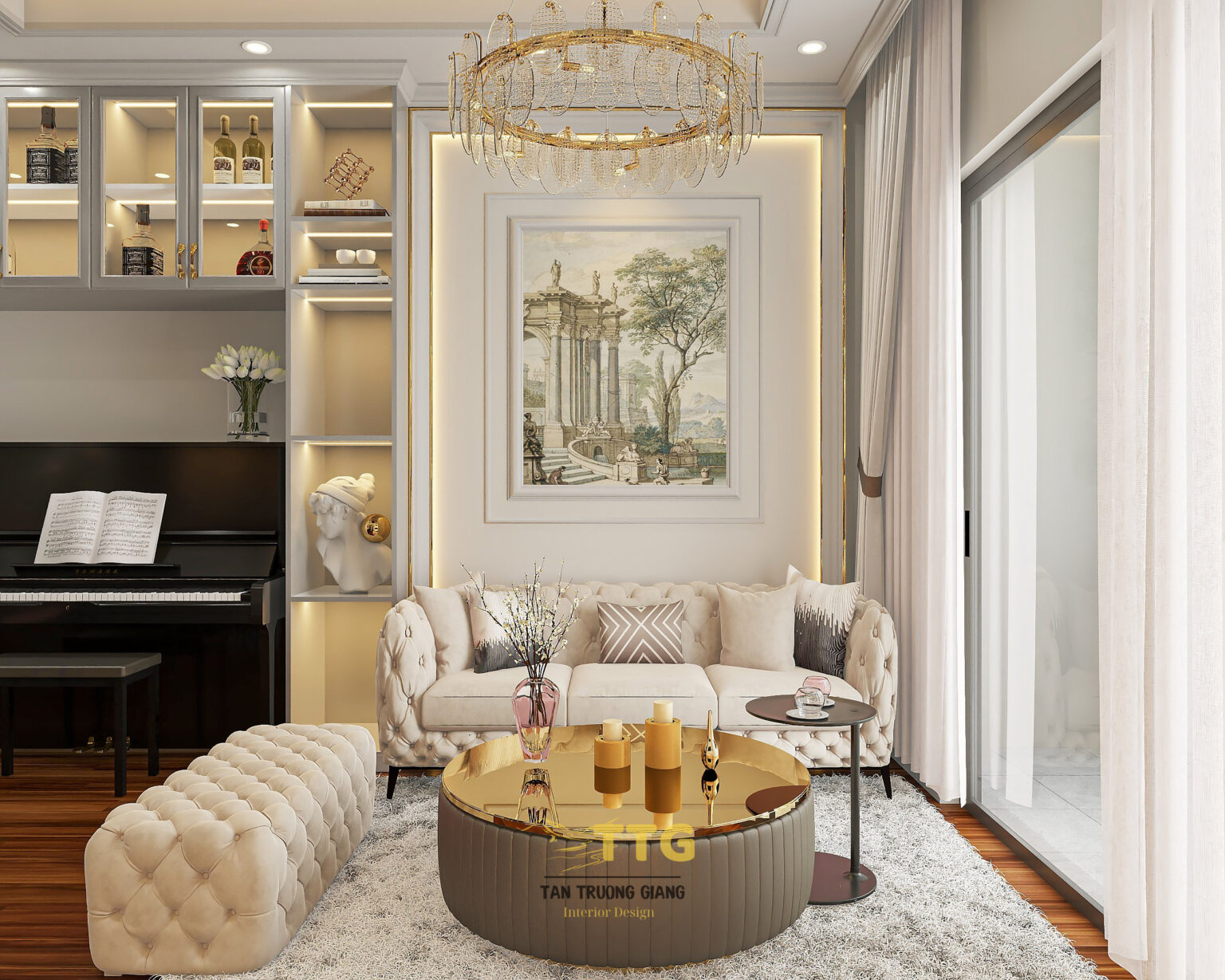 Nội thất phòng khách tân cổ điển cho chung cư 3 phòng ngủ