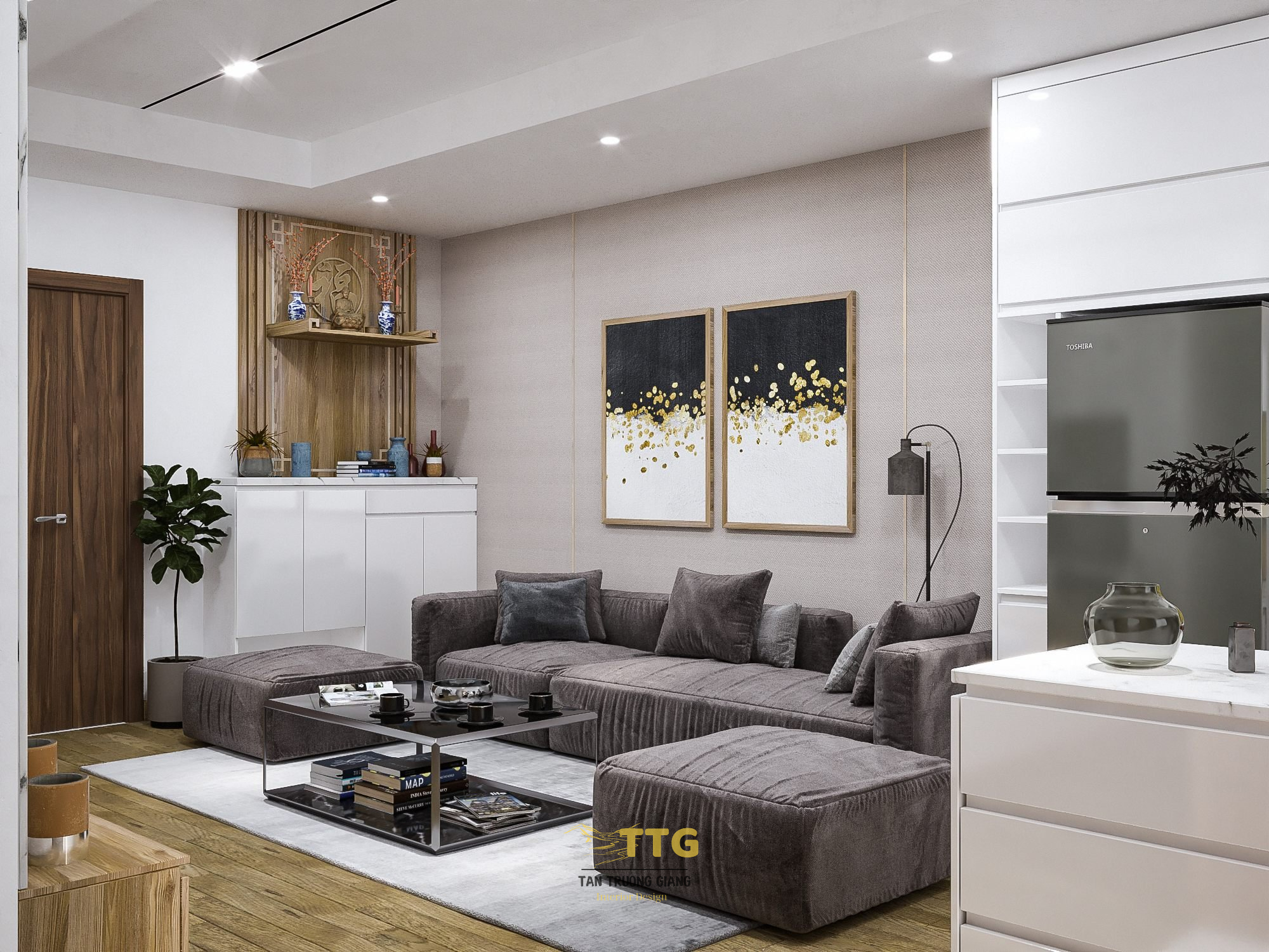 Nội thất phòng khách tối giản cho chung cư 3 phòng ngủ