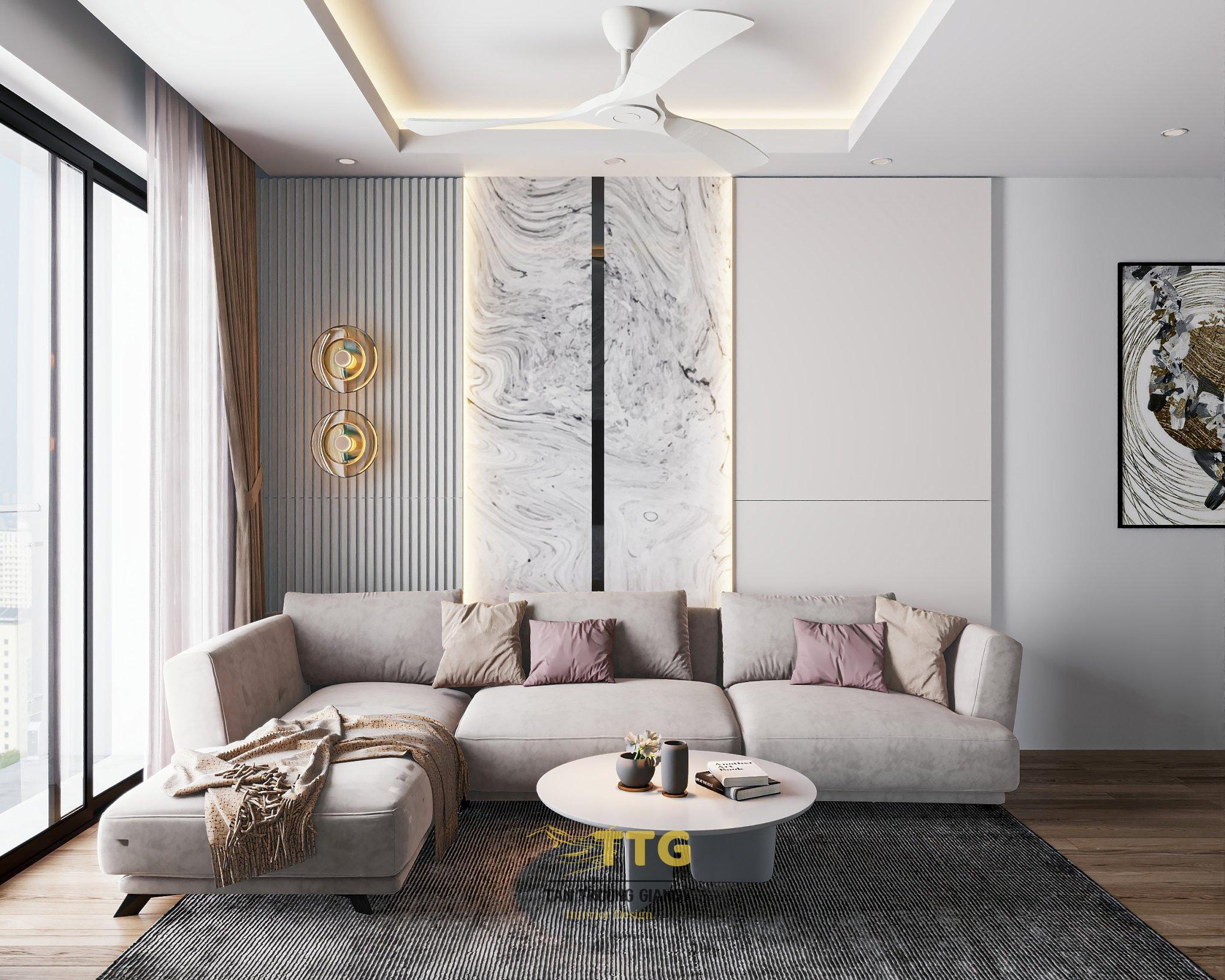 Thiết kế nội thất phòng khách hiện đại cho căn hộ 3 phòng ngủ